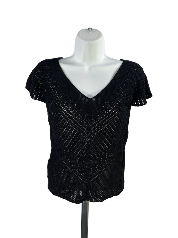 BCBGMaxazria Women's Black Silk Blend Knit Mesh Short Cap Sleeve Shirt - M