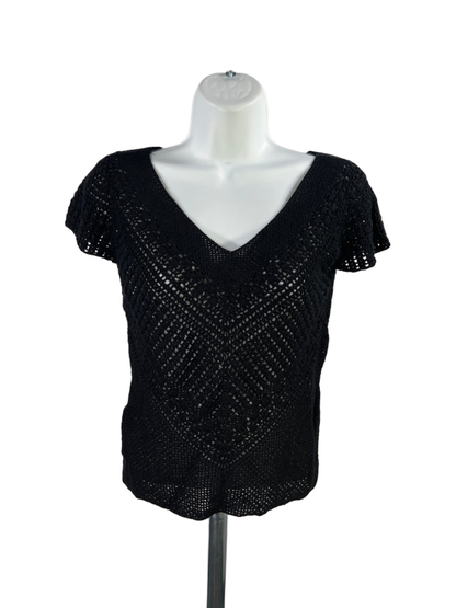 BCBGMaxazria Women's Black Silk Blend Knit Mesh Short Cap Sleeve Shirt - M