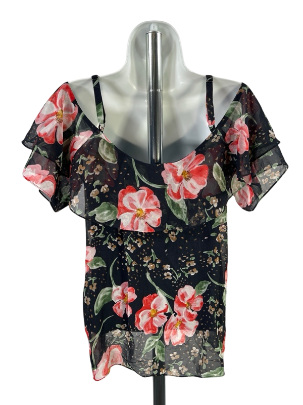 Cabi Women's Blue Floral Cold Shoulder Ruffle Trim Blouse - XS image 2