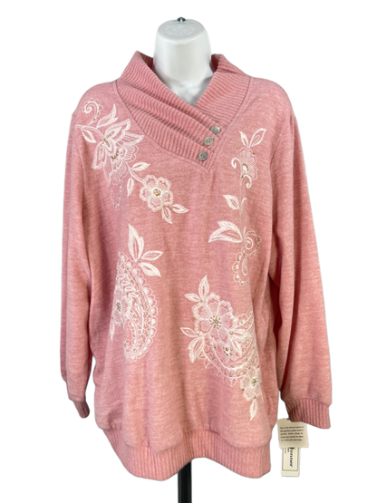 Alfred Dunner Women's Pink Plush Embroidered Pullover Sweater - Plus 1X