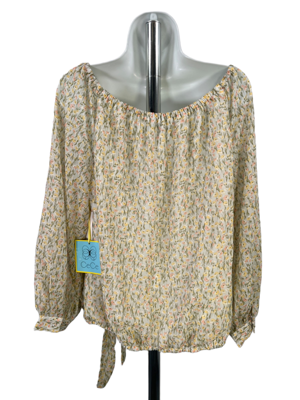 CeCe Women's Green Floral Long Sheer Sleeve Tie Waist Blouse - L image 2