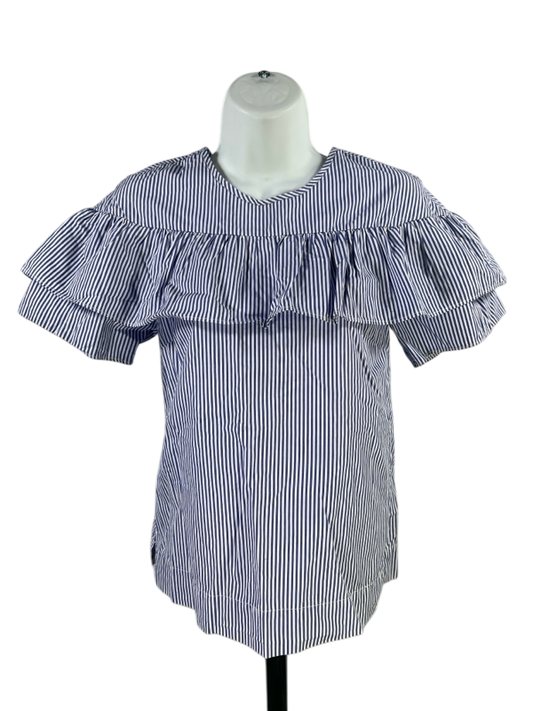 J.Crew Women's Blue Striped Short Sleeve Ruffle Top Blouse - 00