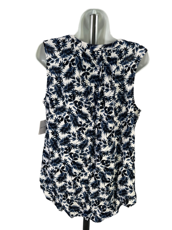 Liz Claiborne Women's White/Blue Tropical Palm Sleeveless Button Up Blouse - L image 2