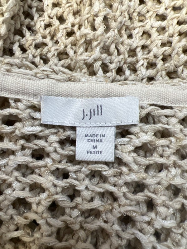 J Jill Women's Beige Open-Weave Open Front Long Sleeve Hooded Cardigan- M Petite image 3