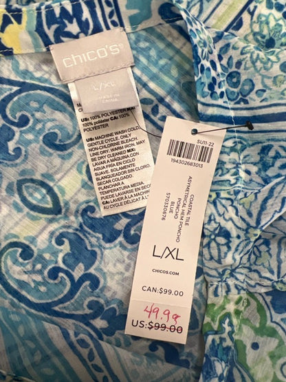 Chico's Women's Blue Coastal Tile Asymmetrical Hem Pullover Poncho - L/XL image 3