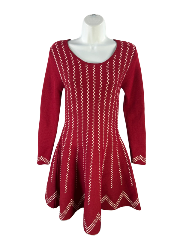 Gianni Bini Women's Red/Cream A-Line Long Sleeve Knit Sweater Midi Dress - XS