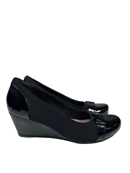 Clarks Women's Black Flores Poppy Patent Leather Wedge Pump Heels - 8