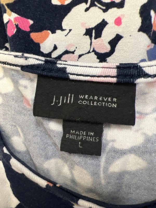 J Jill Women's Blue Floral Basic Elbow Sleeve Tee Shirt - L image 3