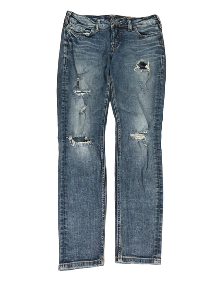 Silver Jeans Women's Medium Wash Elyse Skinny Distressed Embellished Jeans - 28