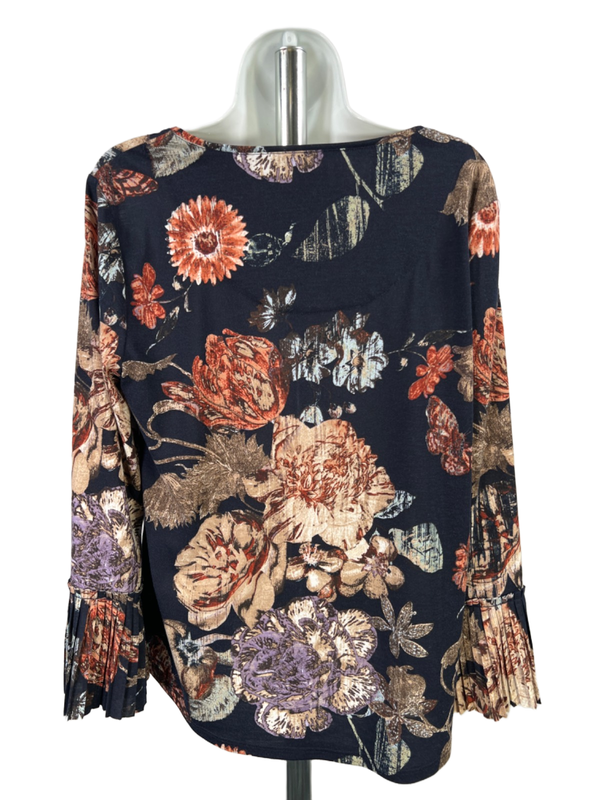 Chico's Women's Blue Floral 3/4 Pleated Bell Sleeve Blouse - 1/US M image 2