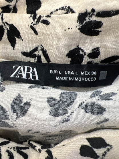 Zara Women's Beige/Black Floral Long Sleeve Button Up Ruffle Hem Mini Dress - L image 3
