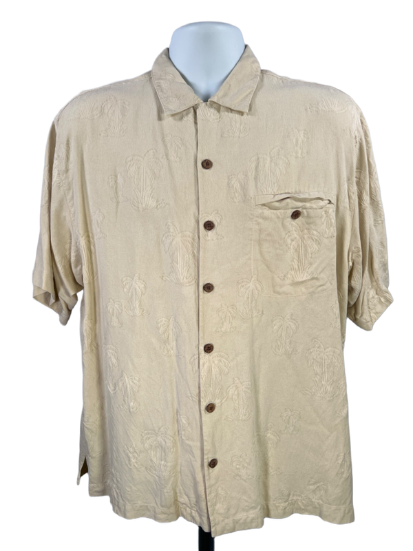 Tommy Bahama Men's Beige Silk Palm Tree Short Sleeve Button Up Shirt - M