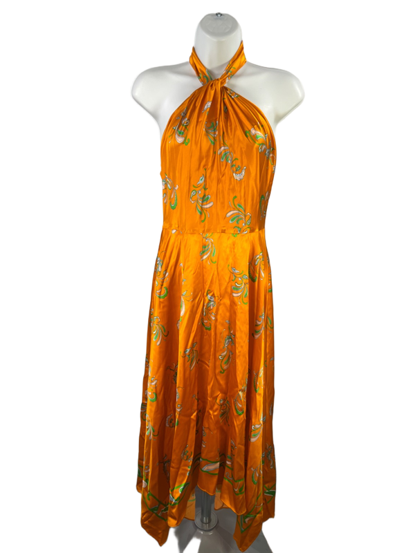 LilySilk Women's Orange Mulberry Silk Paisley Hankerchief Halter Dress - 8