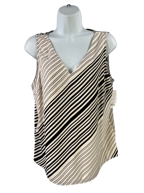 Nine West Women's Ivory/Black Striped Sleeveless V-Neck Tank Top - M