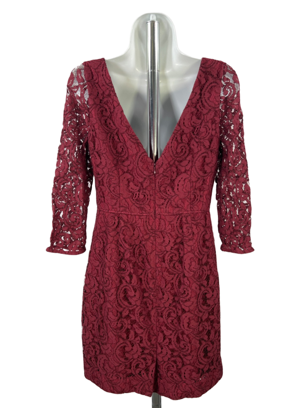 J Crew Women's Burgundy Lace Lined V Back Elbow Sleeve Midi Dress - 4 image 2