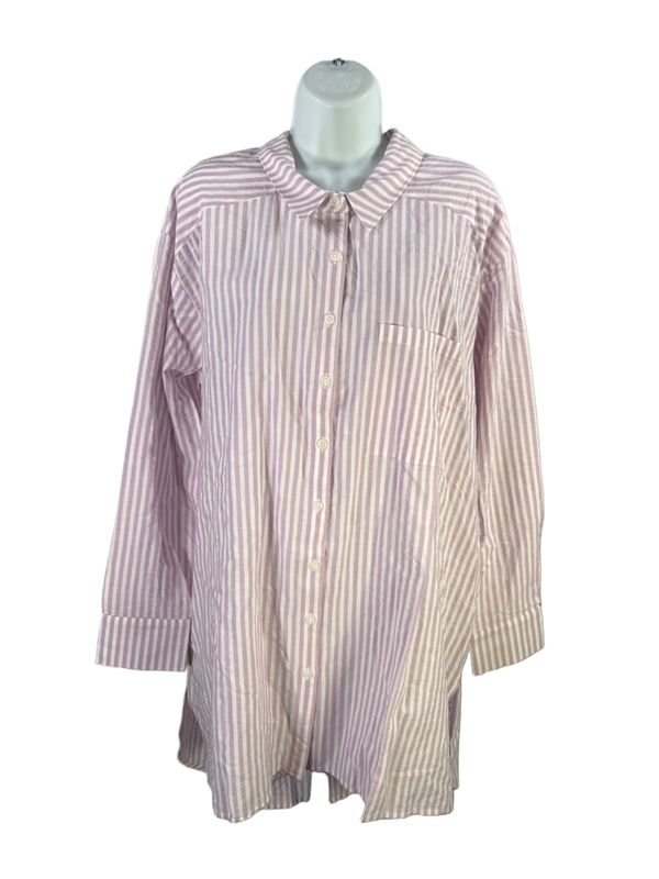 By Anthropologie Women's Purple Neutral Striped Longline Button Up Blouse - XL