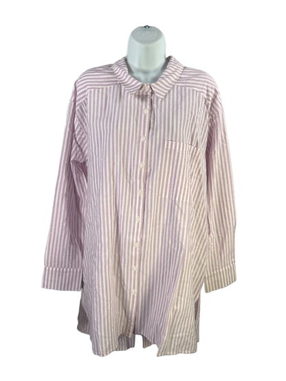 By Anthropologie Women's Purple Neutral Striped Longline Button Up Blouse - XL