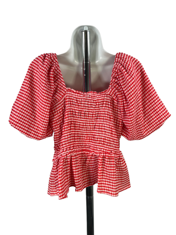 Grace + Karma Women's Red Plaid Smocked Tiered Balloon Sleeve Blouse - L image 2