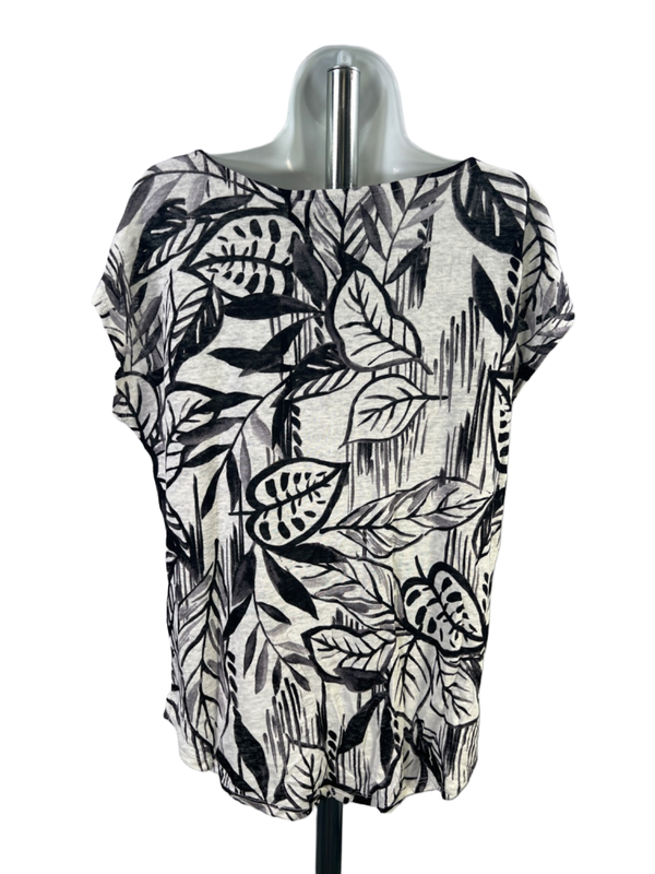 Tahari Women's Black/ivory Luxe Linen Leaf Print Short Cap Sleeve Shirt - L image 2