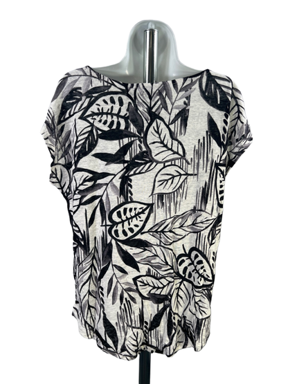 Tahari Women's Black/ivory Luxe Linen Leaf Print Short Cap Sleeve Shirt - L image 2