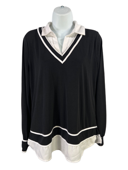 Adrianna Papell Women's Black/White V-Neck Long Sleeve Blouse - M