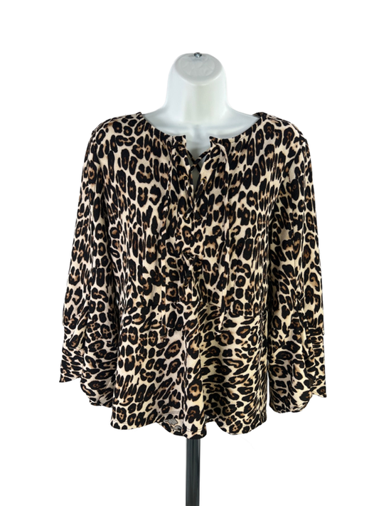 Chico's Women's Black/Brown Leopard Print Lace Up Bell Sleeve Blouse - 1/US M