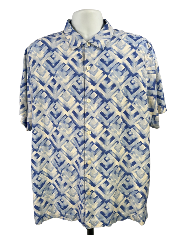 Tommy Bahama Men's Blue/White Silk Short Sleeve Button Up Shirt - XL