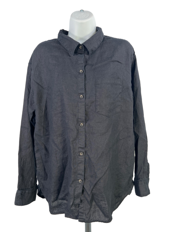 Athleta Women's Black Linen Retreat Long Sleeve Button Up Shirt - L