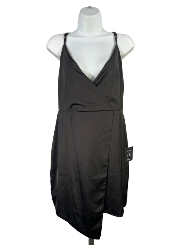 Lulus Women's Black Satin Faux Front Wrap Sleeveless Mini Dress - L