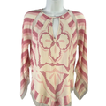 BCBGMaxazria Women's Pink/Cream Keyhole Mesh Cut Out Hankerchief Hem Blouse - S