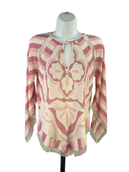 BCBGMaxazria Women's Pink/Cream Keyhole Mesh Cut Out Hankerchief Hem Blouse - S