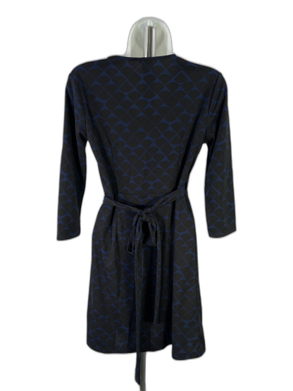 Ann Taylor Women's Black/Blue Geometric Wrap Waist Midi Dress - 2 Petite image 2