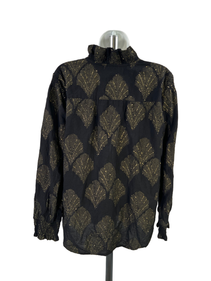 Chico's Women's Black/Gold Metallic Long Sleeve Ruffle Pullover Blouse - 2/US 12 image 2