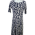 Lands End Women's Blue/White Floral A-Line Elbow Sleeve Midi Dress - XS