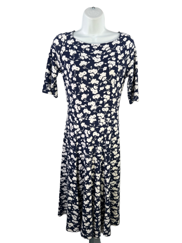 Lands End Women's Blue/White Floral A-Line Elbow Sleeve Midi Dress - XS