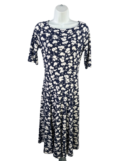 Lands End Women's Blue/White Floral A-Line Elbow Sleeve Midi Dress - XS