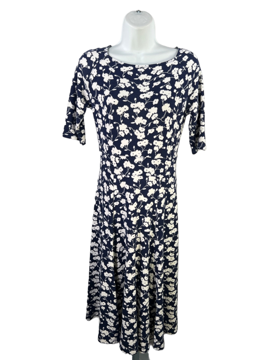 Lands End Women's Blue/White Floral A-Line Elbow Sleeve Midi Dress - XS