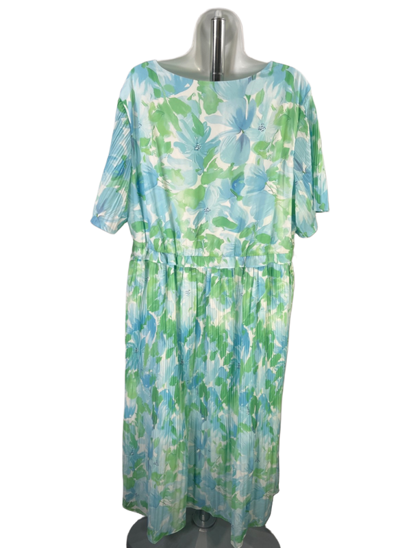 Grace Karin Women's Blue/Green Floral Short Sleeve Pleated Dress - 2XL image 2