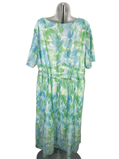 Grace Karin Women's Blue/Green Floral Short Sleeve Pleated Dress - 2XL image 2