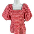 Grace + Karma Women's Red Plaid Smocked Tiered Balloon Sleeve Blouse - L