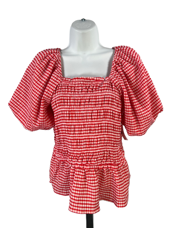 Grace + Karma Women's Red Plaid Smocked Tiered Balloon Sleeve Blouse - L