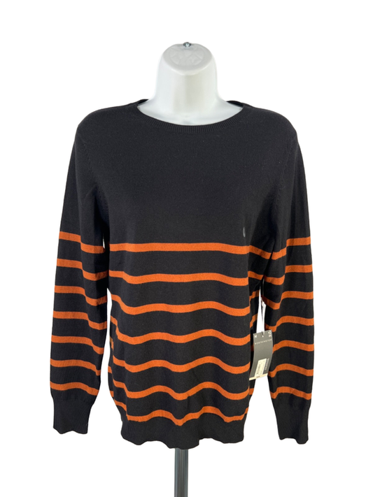 Worthington Women's Black/Orange Striped Long Sleeve Crewneck Sweater - M