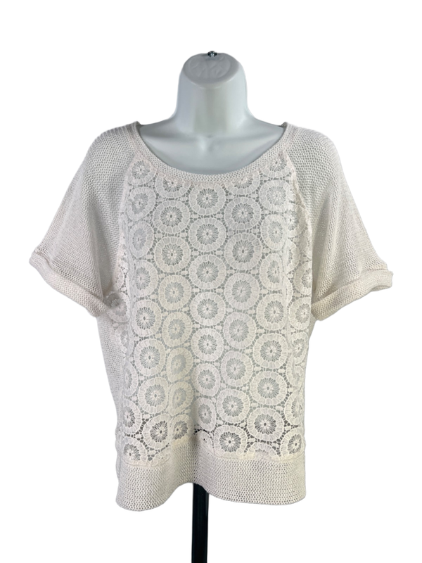 Chico's Women's White Crochet Knit Sheer Short Sleeve Tee Shirt - 1/US M