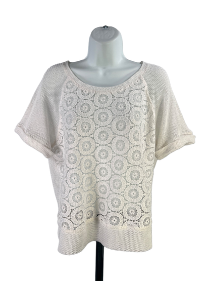 Chico's Women's White Crochet Knit Sheer Short Sleeve Tee Shirt - 1/US M