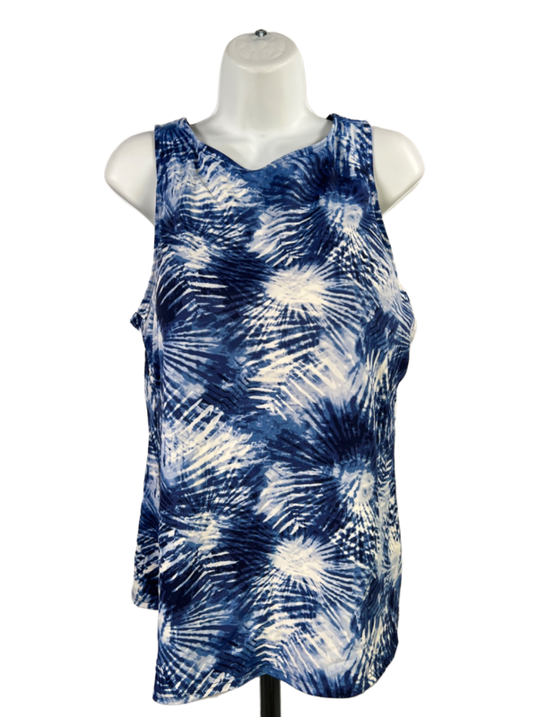 Lands End Women's Blue/White High Neck Tankini Swimsuit Top - 18
