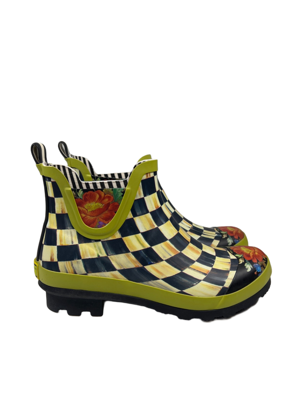 Mackenzie Childs Women's Green Checkered Short Rubber Rain Boots - 10