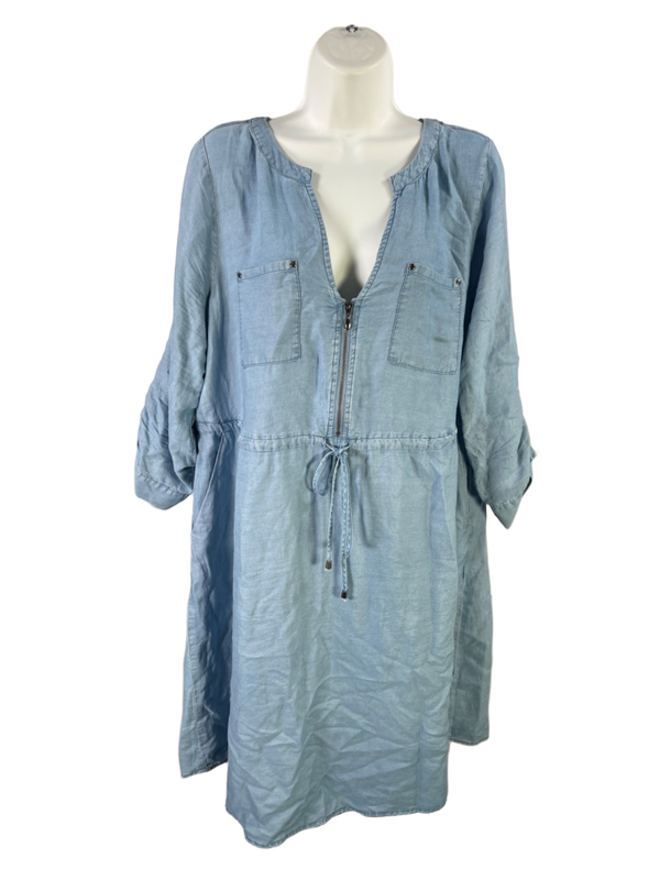 Torrid Women's Blue Quarter Zip Tie Waist Roll Sleeve Midi Dress - 00 Plus