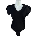 Shinestar Women's Black Short Sleeve V-Neck Tulip Sleeve Bodysuit - S