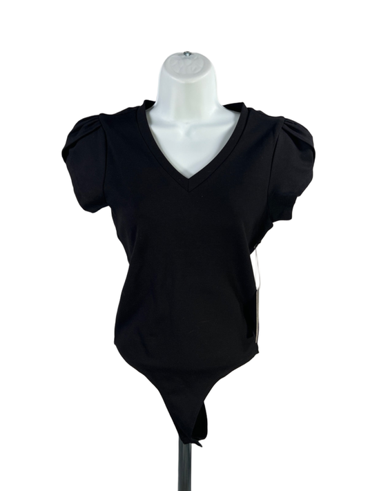 Shinestar Women's Black Short Sleeve V-Neck Tulip Sleeve Bodysuit - S
