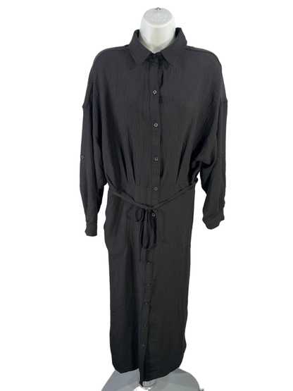 Max Studio Women's Black Tie Waist Button Up Elbow Sleeve Midi Dress - M